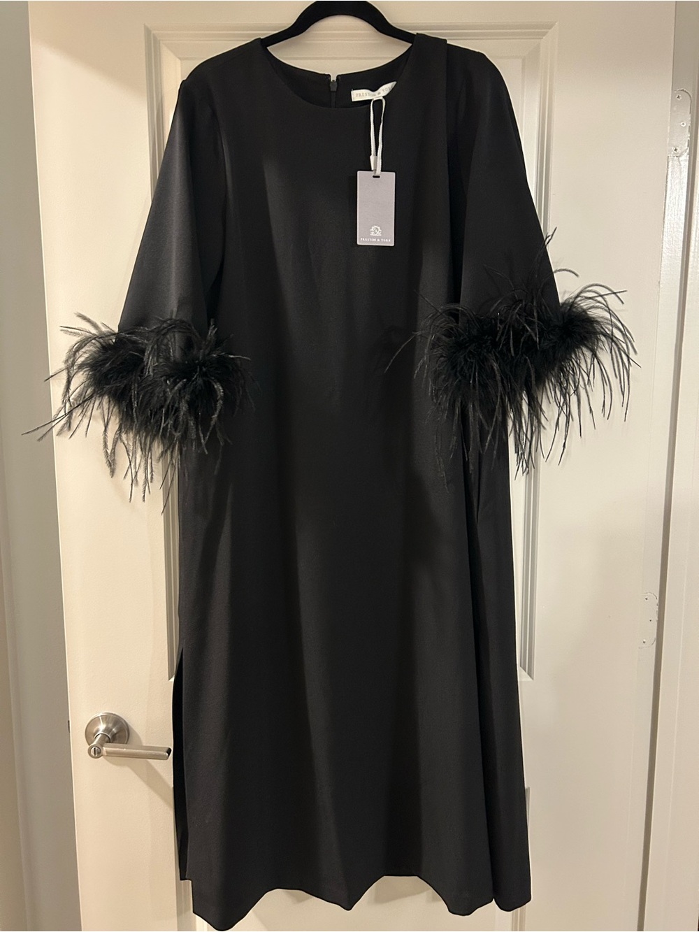 Preston & York Black Long Sleeve Shift Dress with Feather Cuffs